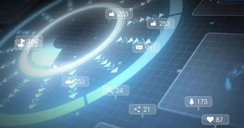 Displaying circular data visualization chart on grid dashboard, with social Stock Photos