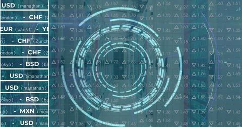 Displaying circular data visualization on dashboard over blurred skyline, with Stock Photos