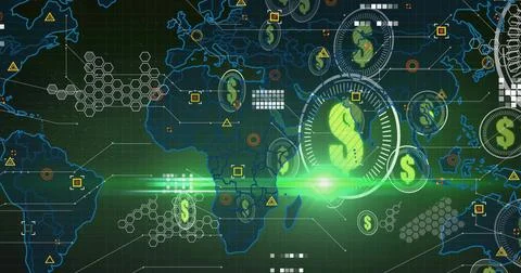 Displaying circular digital dollar interface overlaying world map grid, showing Stock Illustration