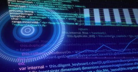 Displaying circular digital HUD pulsing above code editor and tiled grid, Stock Photos