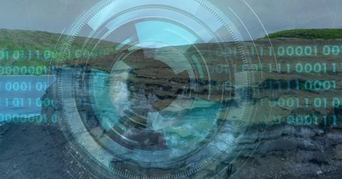 Displaying circular digital interface overlay floating above rocky inlet, with Foto stock