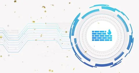 Displaying circular firewall graphic rotating on digital UI, with rings and gold Illustrazione stock