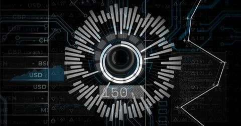 Displaying circular gauge with segmented bars and numeric 150 on dashboard UI, Stock Photos