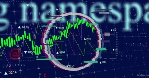 Displaying circular glitch highlight showing green candles and line graph on Stock Illustration