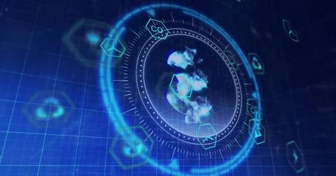 Displaying circular hologram interface rotating and pulsing over blue grid, with Illustrazione stock