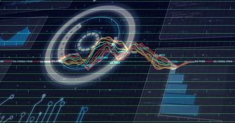 Displaying circular holographic display intersecting color waveform graph in  Stock Illustration