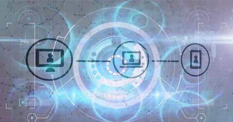 Displaying circular holographic interface in grid background with monitor, Stock Illustration