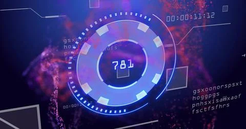 Displaying circular HUD 781 in sci-fi UI, showing upper-right timecode, overl Stock Illustration