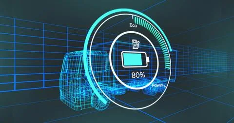 Displaying circular HUD with 80% charging battery, Eco Power gauges, wireframe Stock Illustration