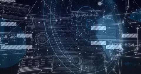 Displaying circular HUD centering on screen, showing radar rings, progress bars, Stock Illustration