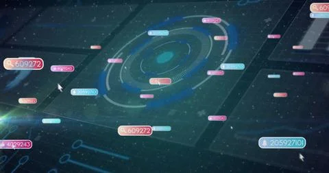 Displaying circular HUD chart analyzing data in 3D environment, with floating Foto stock