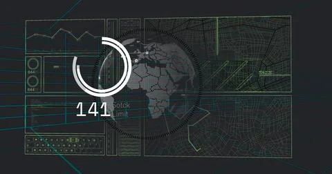 Displaying circular HUD combining dotted globe, progress ring and readout 141 Illustration
