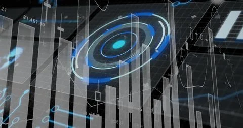 Displaying circular HUD data visualization hovering over grid plane, with bars Stock Photos