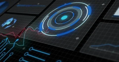 Displaying circular HUD on digital dashboard, with data panels, red-green wav Stock Illustration