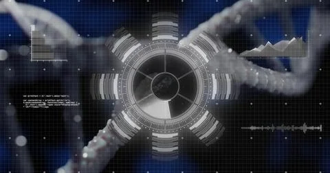 Displaying circular HUD in digital lab with DNA helix charts code snippet and 写真素材
