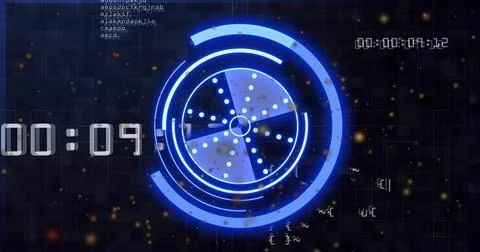 Displaying circular HUD display animating neon progress arcs on dark grid, with 스톡 일러스트