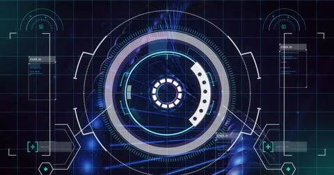 Displaying circular HUD on display featuring rings, arcs, grid and status panels Foto stock
