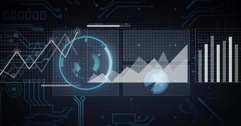 Displaying circular HUD element glowing on dark grid UI, with line graph, area Illustrazione stock