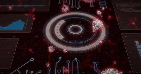 Displaying circular HUD element projecting data on dark grid, with waveform Stock Illustration