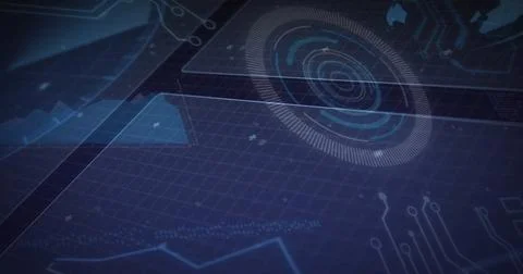 Displaying circular HUD element rotating in dashboard, with grid floor and data Stock Photos
