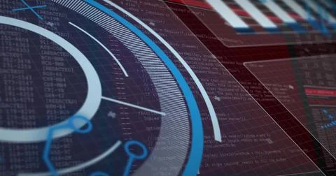 Displaying circular HUD gauge on angled monitor, showing rings and ticks, code Stock-Fotos