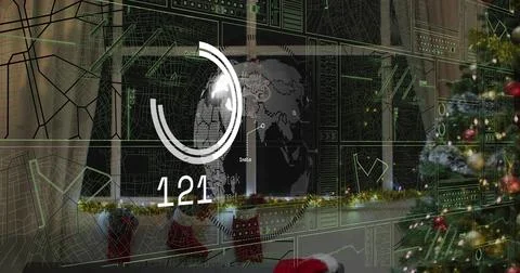 Displaying circular HUD with globe and readout 121 over living room window, tree Stock Photos