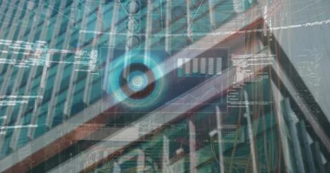 Displaying circular HUD interface merging high-rise exterior with data rack, bar Stock Photos