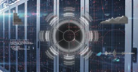 Displaying circular HUD interface overlaying server rack rows with red 写真素材