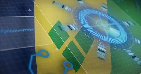 Displaying circular HUD interface rotating in virtual grid with heartbeat Stock Illustration