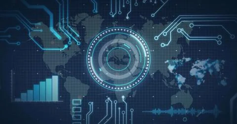 Displaying circular HUD interface showing data rings on panel, with map and 스톡 일러스트