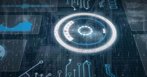 Displaying circular HUD on interface, showing graphs, waveforms, formulas, 写真素材