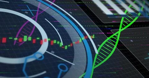 Displaying circular HUD over dark grid, showing floating green DNA helix and Stockillustratie