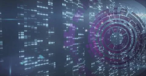 Displaying circular HUD overlay in interface, with pixel data flows and light Foto stock