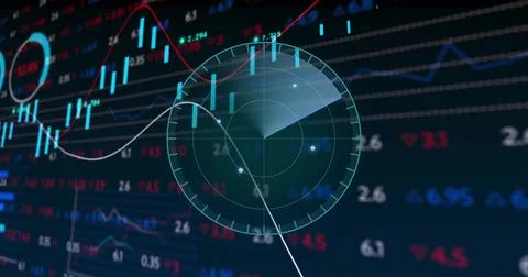 Displaying circular HUD overlay projecting market data on dark trading Stock Photos