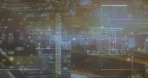 Displaying circular HUD projecting data panels over city at night, with numeric 스톡 사진