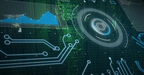 Displaying circular HUD pulsing over green PCB in virtual control, showing ne Stock Illustration