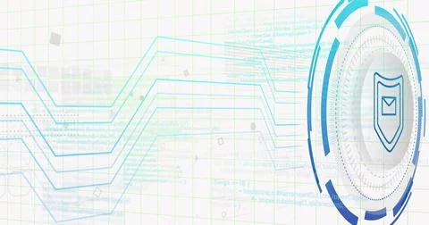 Displaying circular HUD on right over pale grid, showing shield envelope emblem, Stock Illustration