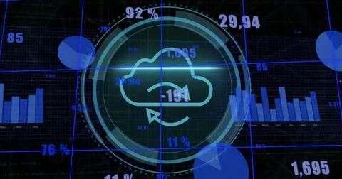 Displaying circular infographic with cloud icon and arrow on computer screen, Stock Photos