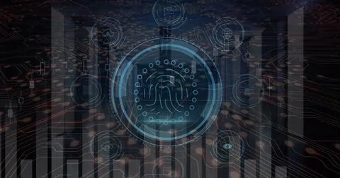 Displaying circular interface featuring fingerprint icon at digital hub showing Stock Photos