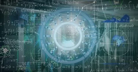 Displaying circular interface projecting math and physics formulas at lab with Stockfoto's