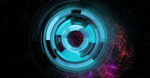 Displaying circular interface rotating in black void, with segmented rings and Stock Illustration