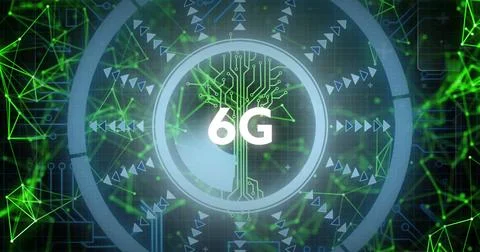 Displaying circular interface showing circuit-tree and glowing 6G text in Stock Photos