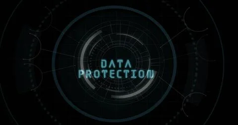 Displaying circular interface showing glowing cyan DATA PROTECTION text in vi Stock Illustration