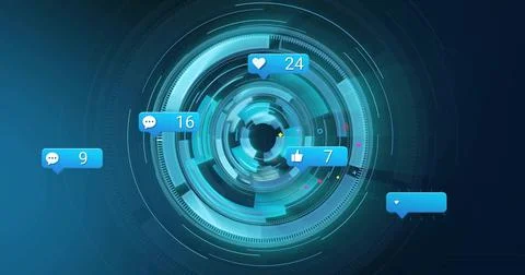 Displaying circular interface showing rings in virtual display with social media Illustrazione stock