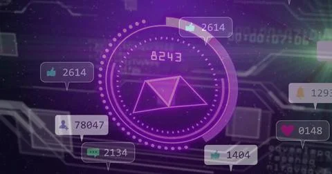 Displaying circular interface with triangular core showing 8243 and Stock Illustration