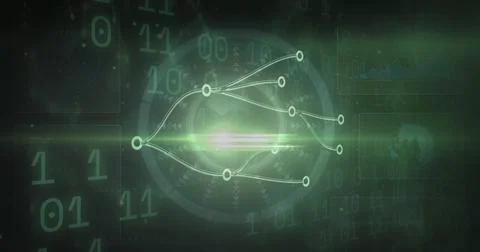 Displaying circular nodes connecting with lines around center glow in interface, 스톡 사진