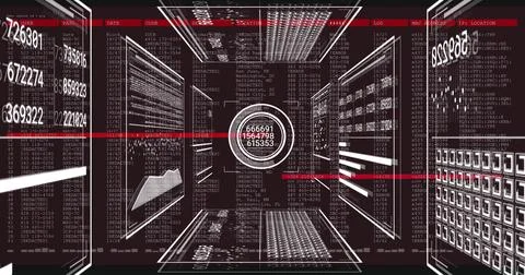Displaying circular numeric display along digital corridor with clear panels and Illustration