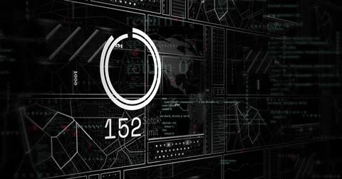 Displaying circular progress gauge with numeric readout 152 and dotted world map 写真素材