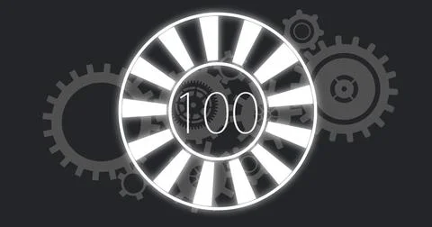 Displaying circular progress meter showing 100 on digital graphic with gear and Stock Illustration