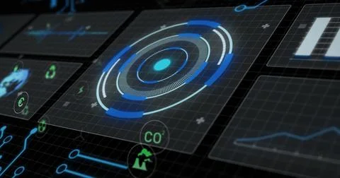 Displaying circular radar chart on grid showing data panels and CO? recycling Stock Illustration